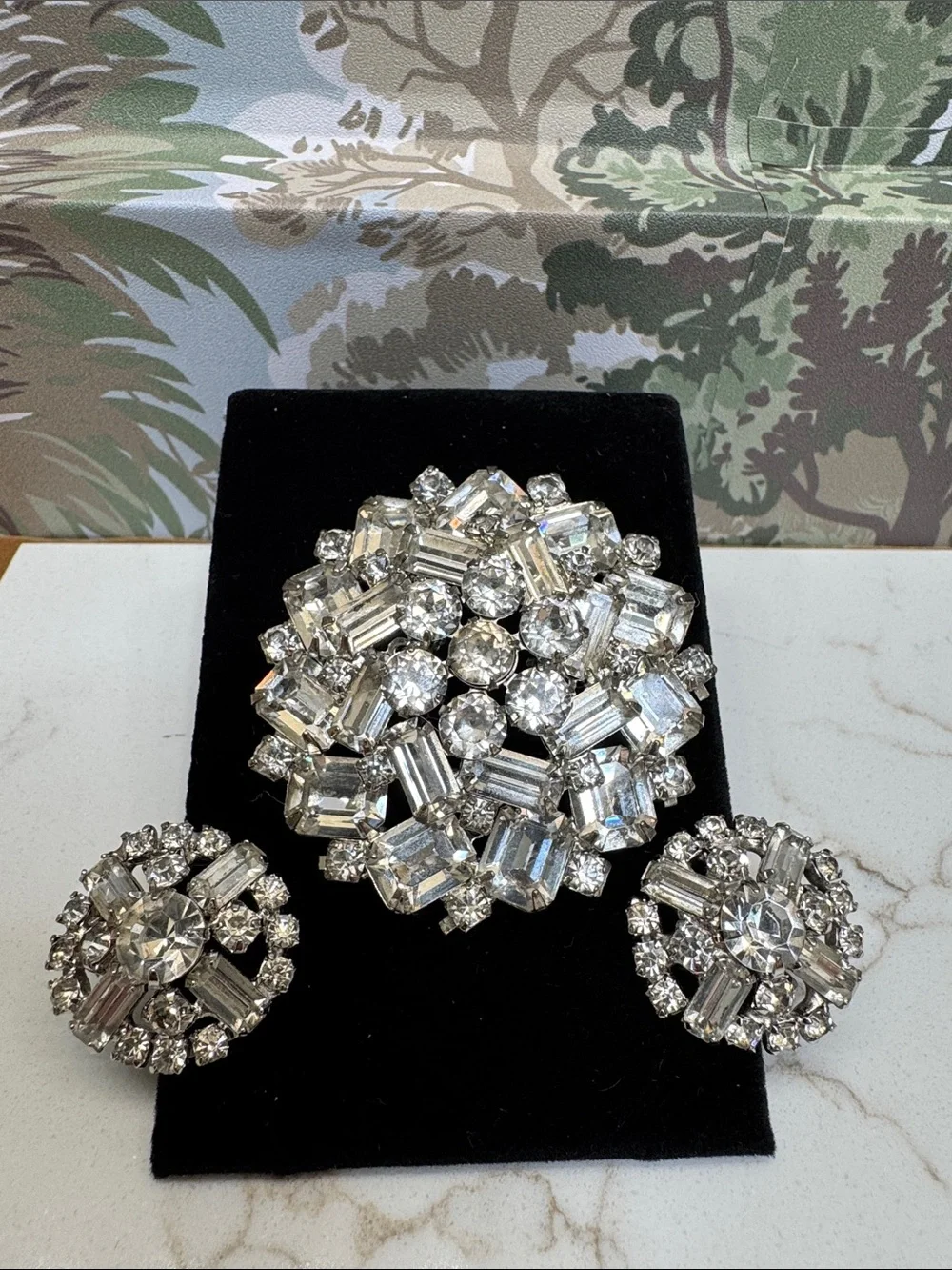 Albert Weiss Clear Crystal Cluster Brooch with Matching Clip Earrings